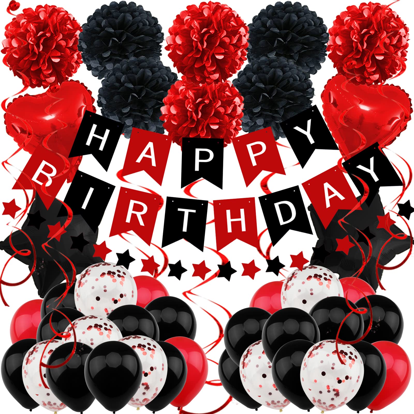 ZERODECO Birthday Decorations, Black and Red Birthday Party Decorations Happy Birthday Banner Pompoms Balloon for Men Women Birthday Party Decorations Supplies