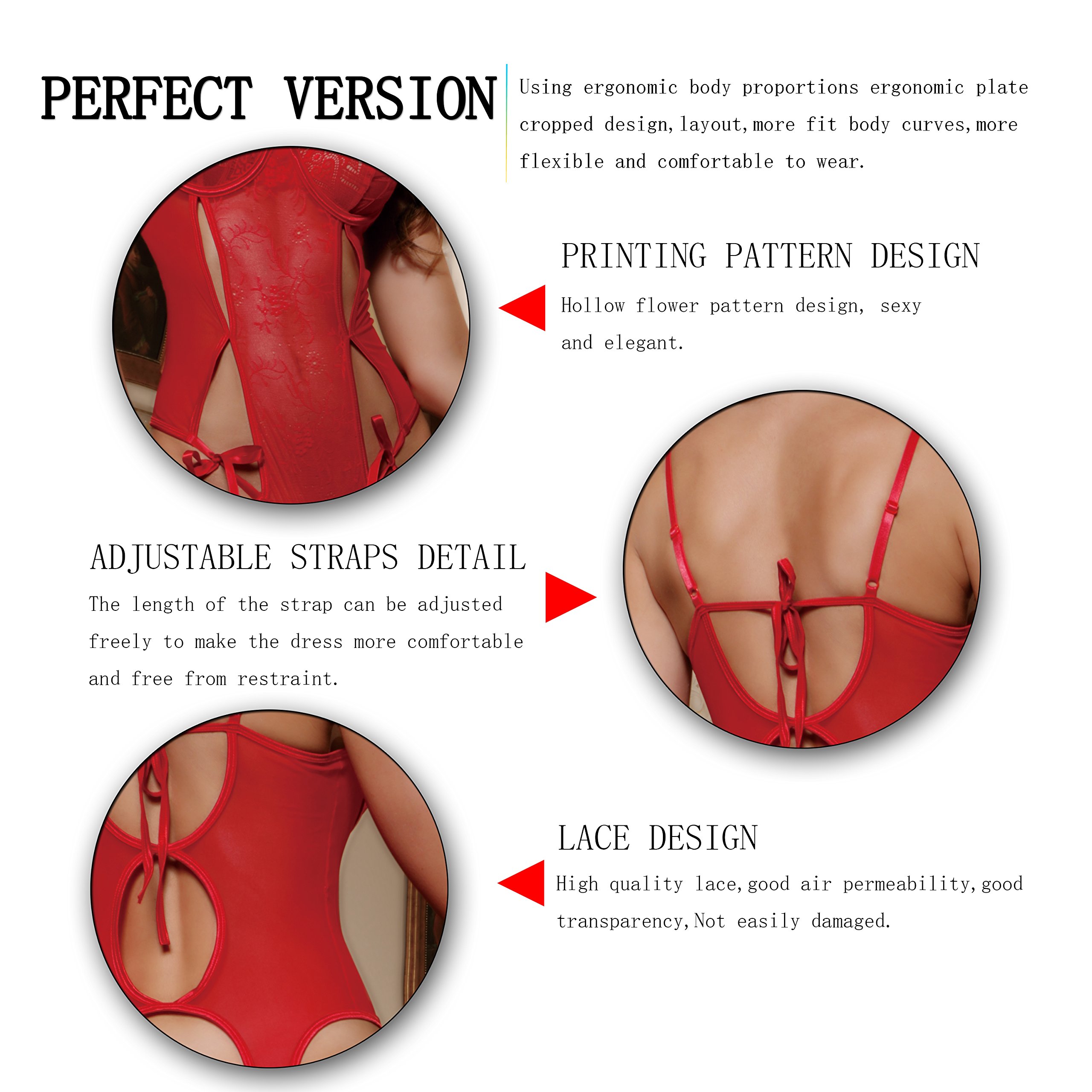 xspice Women Floral Lace Teddy Lingerie One Piece Strappy Bodysuit (L/XL) Red