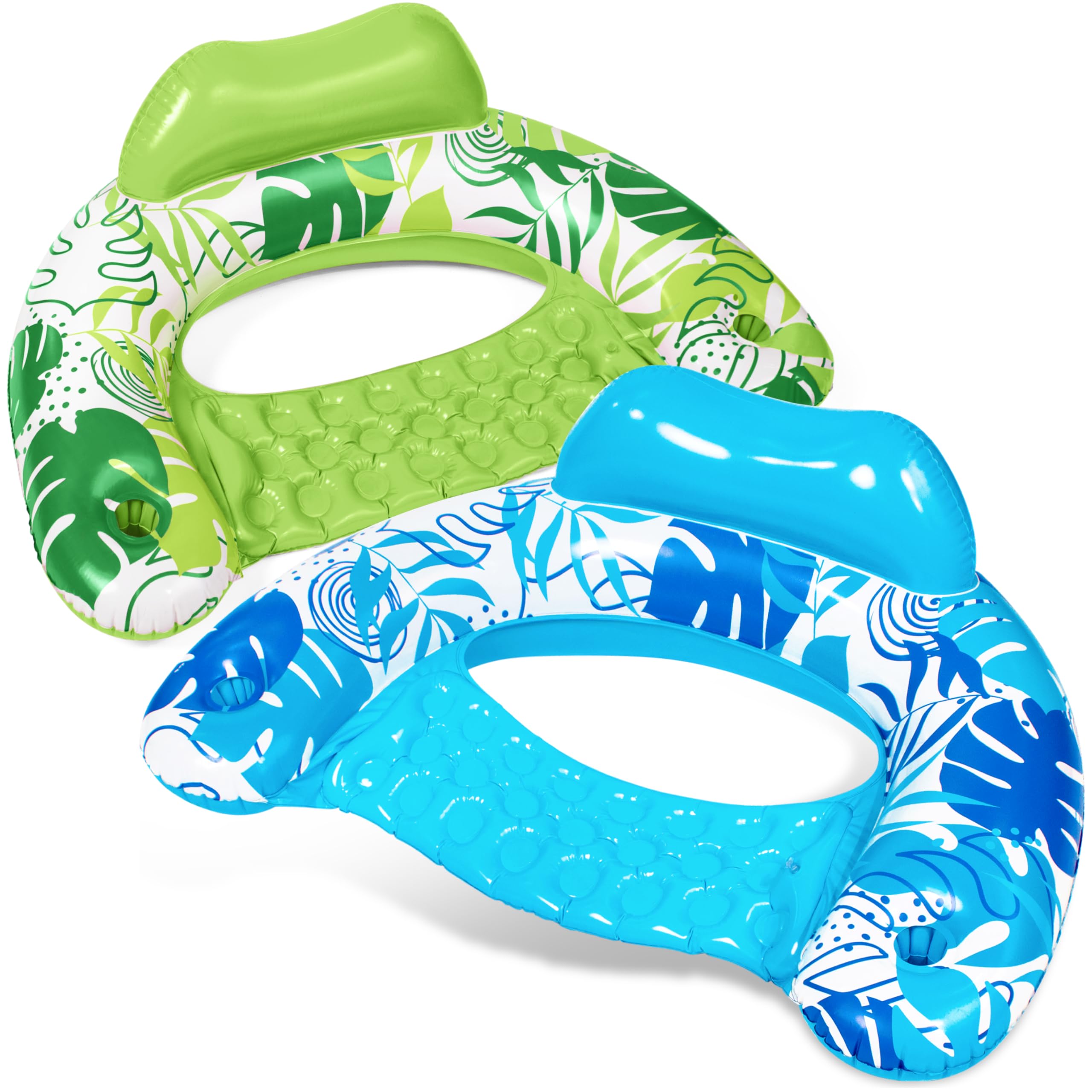 SLOOSH Inflatable Pool Floats Adult,2 Pack Pool Chairs with Cup Holders,Blow up Floats Chair,Hammock Noodle Mat Leaves Design for Relaxing Summer Water Fun Swimming Party Beach,Blue,Green