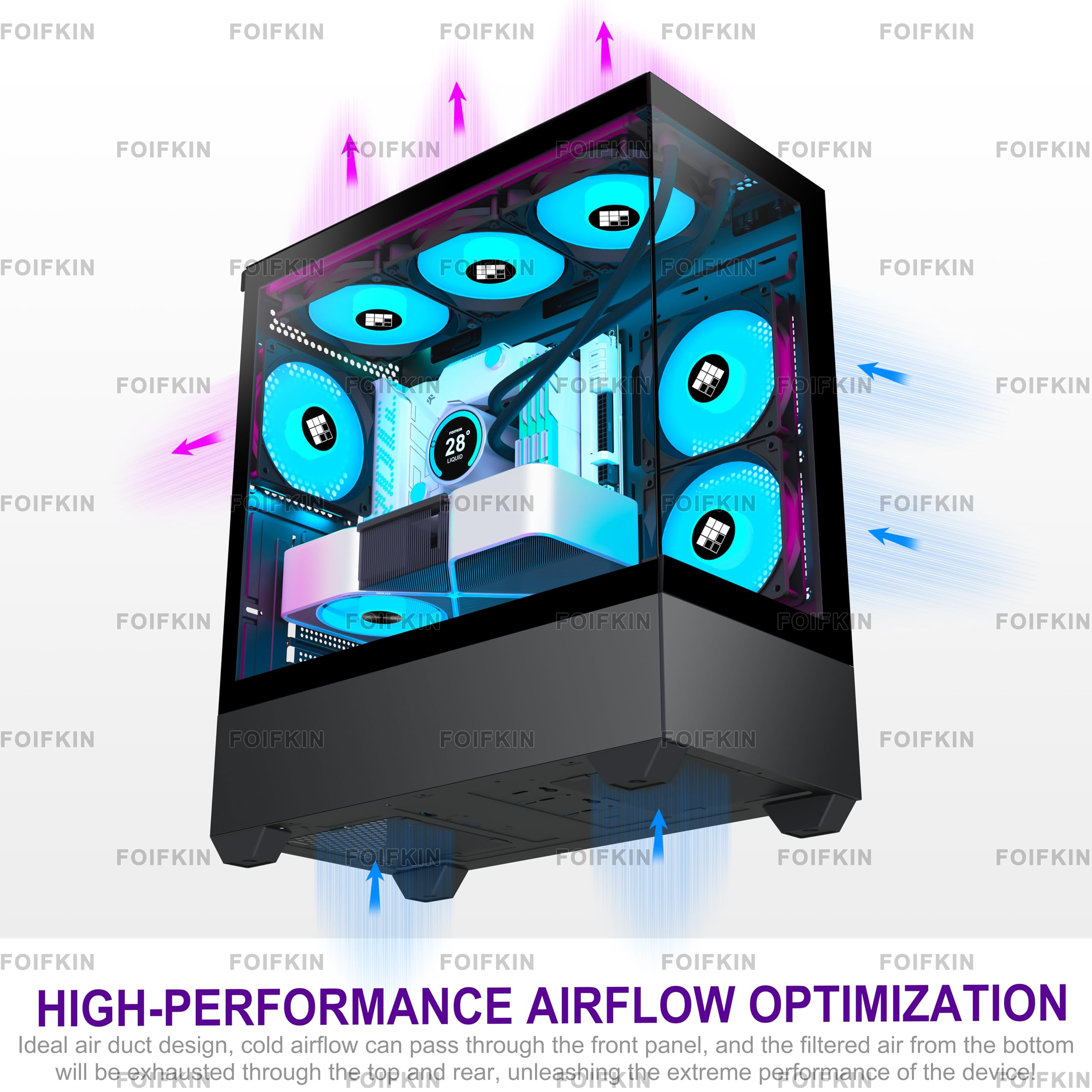 FOIFKIN F1 PC Gehäuse ATX- Pre-Install 6 PWM ARGB Lüfter, Mid-Tower Computer Gehäuse, Gaming PC- Gehäuse,270° Panorama Tempered Glass,mit Type-C, ATX Gehäuse (Schwarz, F1) 3