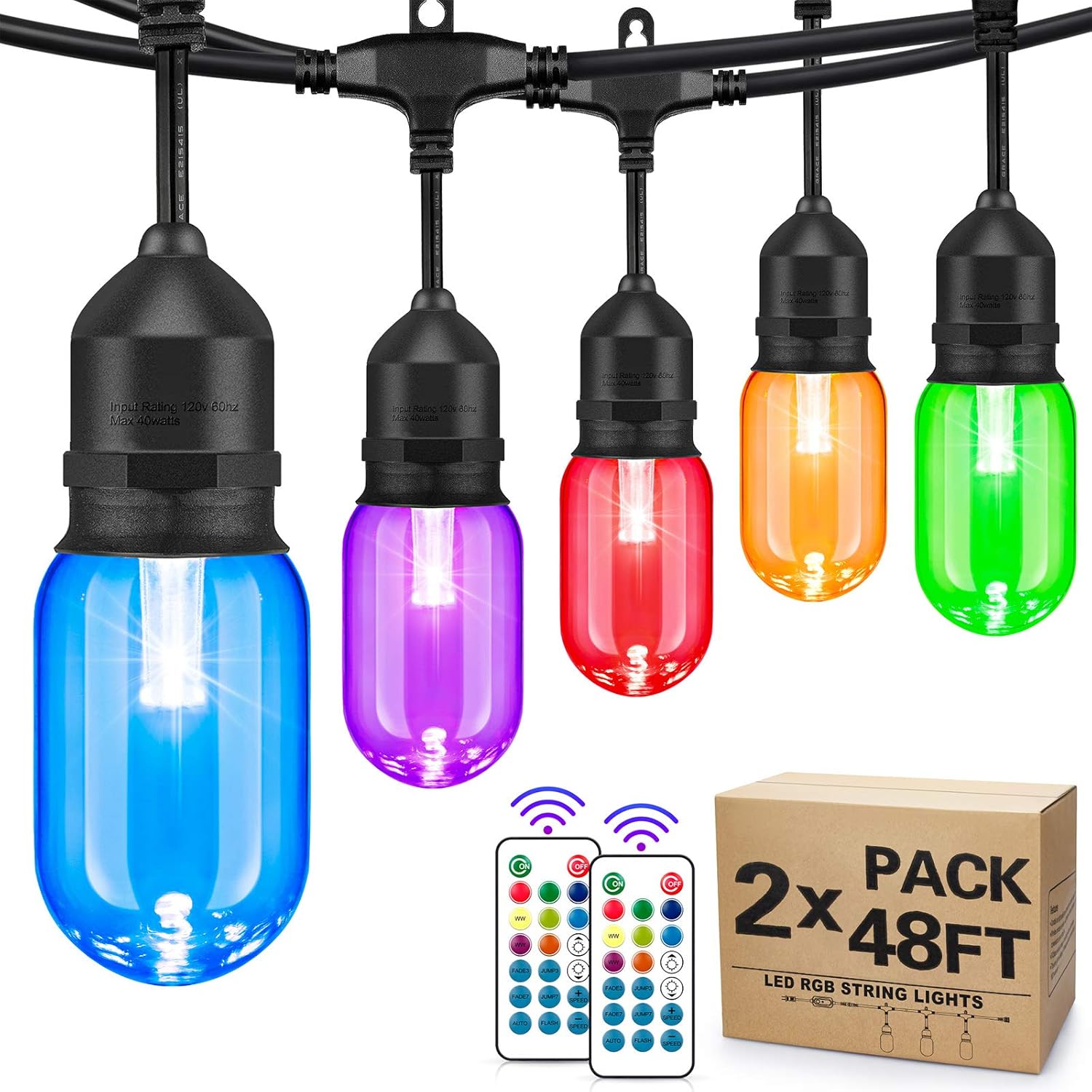 2-Pack 48FT Multicolored LED Outdoor String Lights, Dimmable RGB Color Light String with 30+5 E26 Edison Bulbs, Waterproof Commercial Colorful Hanging Patio Light for Backyard Bistro Party, 96FT