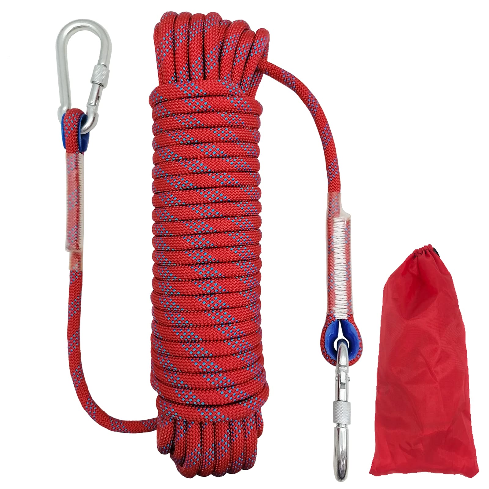 Climbing Rope, 10mm Outdoor Static Rock Climbing Cord, High Strength Safety Nylon Rope 2 Carabiner, for Escape, Fire Rescue, Camping, Dockside Mooring, Fixing, Red Length 20m