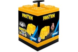 Camco Fasten RV Leveling Blocks - Features Interlocking Design for Customizable Height - Carrying Handle Twists to Secure Blocks for RV Storage - 8.5” x 8.5” x 1”, Yellow, 10-Pack (21022)