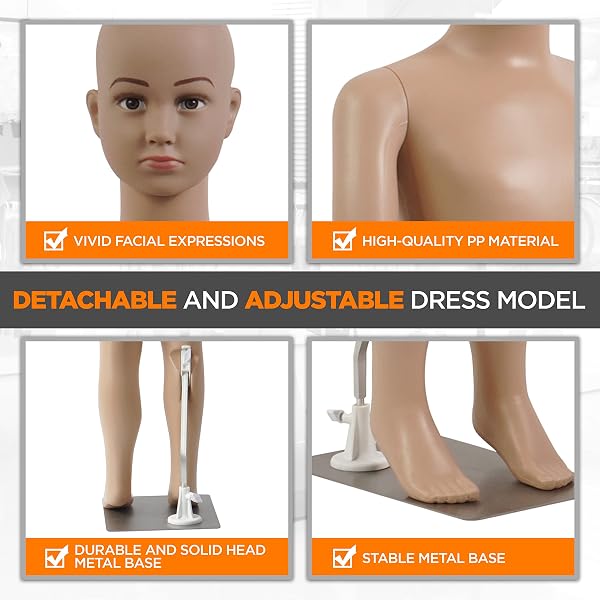 SERENELIFE KID TORSO DRESS FORM MANNEQUIN – DETACHABLE & ADJUSTABLE MANNEQUIN FULL BODY STAND (FEMALE), LIGHTWEIGHT & PORTABLE, SHOWS VIVID FACIAL EXPRESSIONS, FITS ALL KINDS OF CLOTHES – SLMAQKDSK