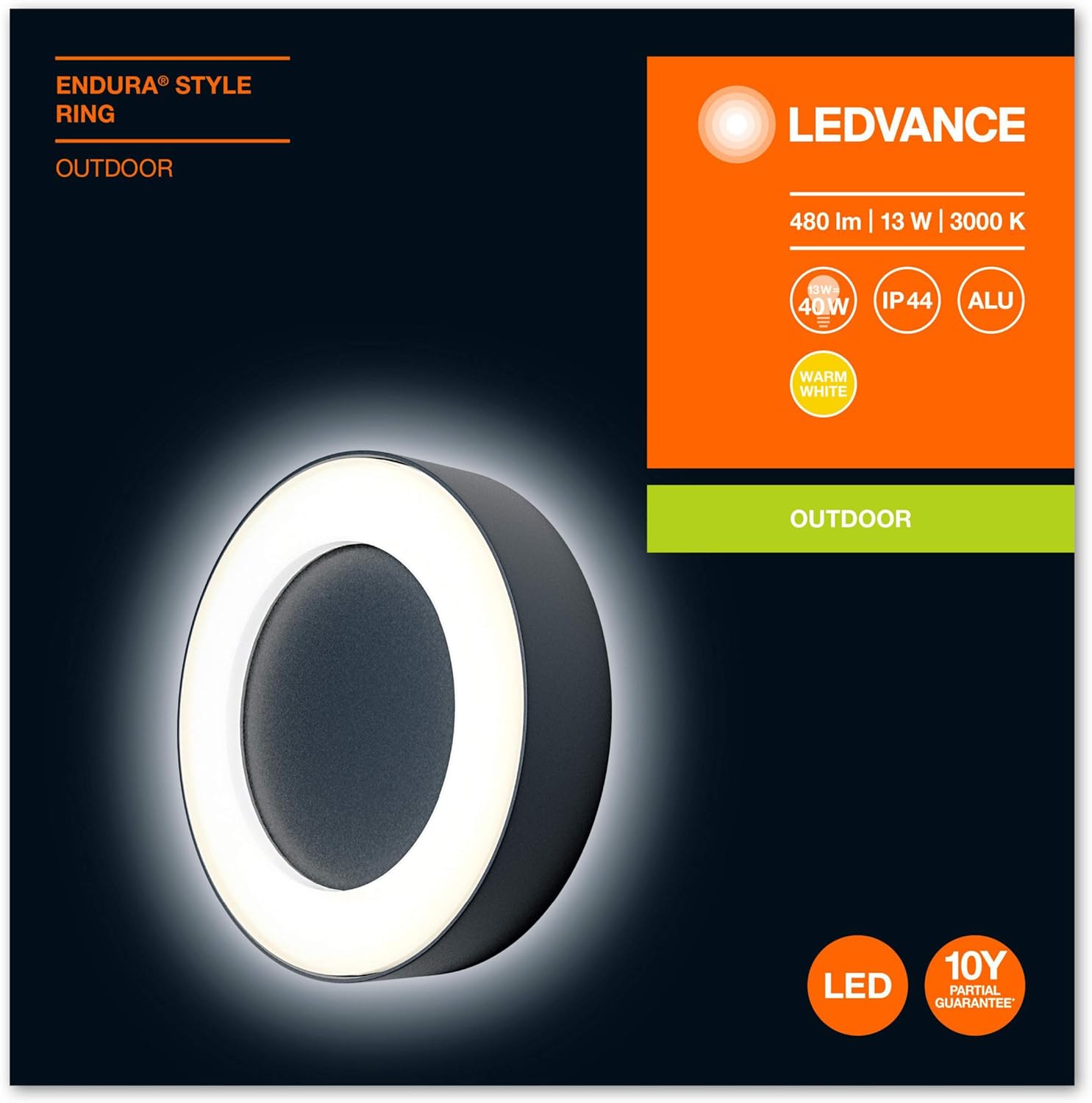 Wall and ceiling luminaire LED: for wall ENDURA© STYLE RING / 13 W, 220…240 V, Warm White, 3000 K, body material: aluminum - Image 4