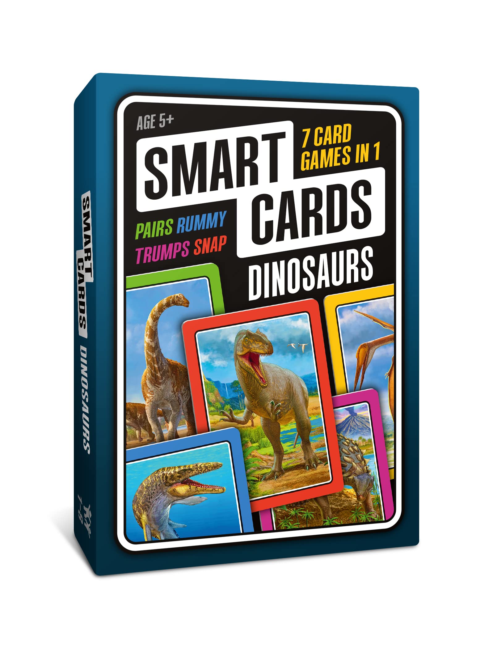 SMART CARDS Dinosaurs, Gift, Stocking Filler, Travel Card Game, 7 games in 1, Pairs, Snap, Trumps, Rummy, Memory Quiz, Trivia, Age 5+, 1-8 Players