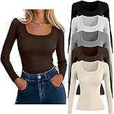 Velvelhall 5 Pack Women's Ribbed Long Sleeve Tops Scoop Neck Cotton Shirts Slim Fit Knit Undershirts Casual Fall Basic Layer