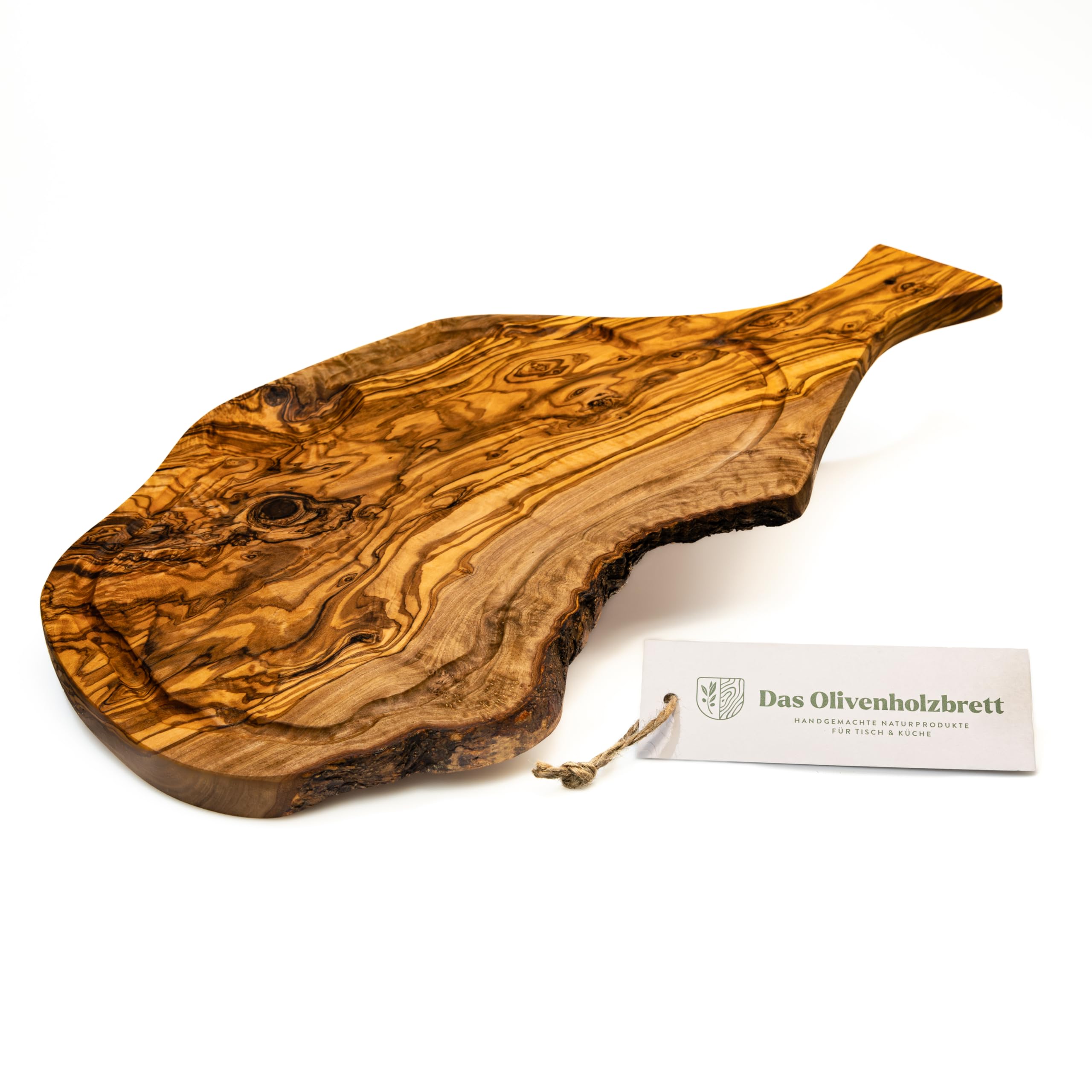 das Olivenholzbrett Cutting Board Steak Board With Juice Groove and Handle, Natural Cut - 30cm