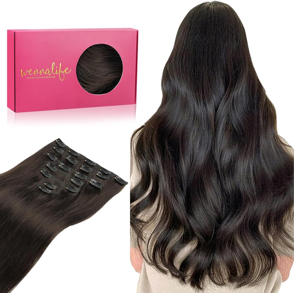 WENNALIFE Clip in Hair Extensions Real Human Hair, 18 Inch 120g 7pcs Human Hair Extensions Clip Ins, Dark Brown Coloured Remy
