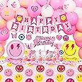 Zhehao 227 Pcs Preppy Party Decorations Pink Smile Face Tableware Set Preppy Birthday Banner Pink Smile Balloon Y2K Girl Napkins Hanging Swirl Cupcake Topper for Bachelorette Birthday Party