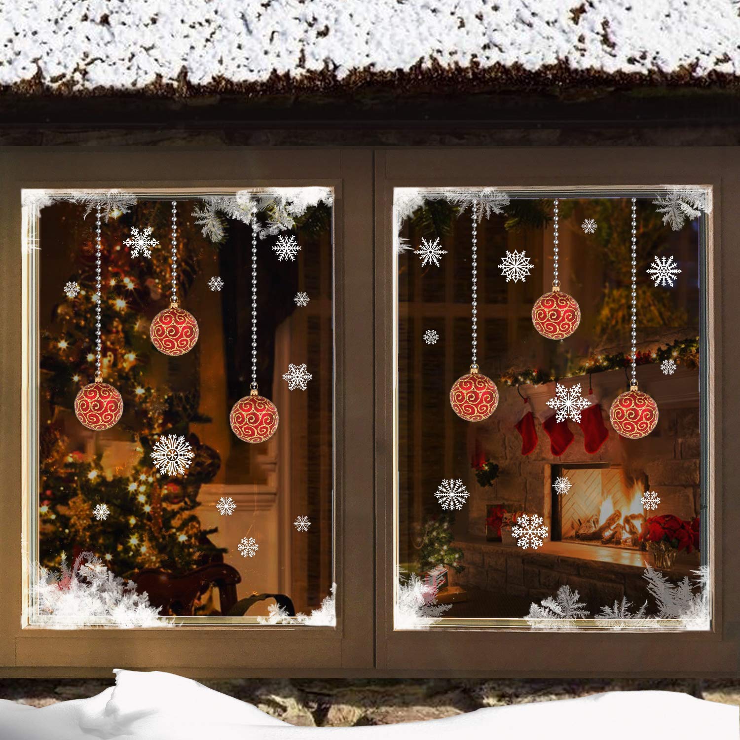 Pack of 2 Christmas Stained Glass Bauble Candle Arch Snowflake Window Stickers Cling (Bauble red)