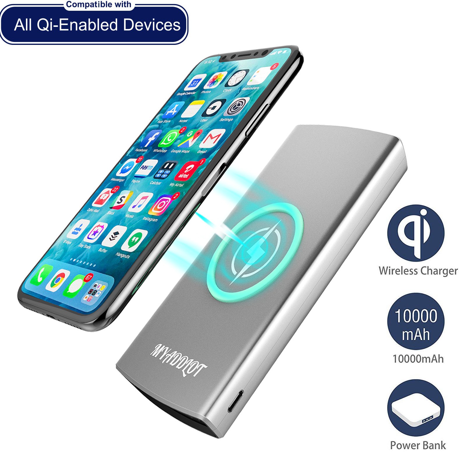 Wireless Charger Power Bank REAL 10000mAh External Battery Wireless Charging Station for iPhone X / 8 / 8 Plus Galaxy S9 / S9+ / S8 / S7 / Note 8 and Other Qi-Enabled Phones by Myaddlot(Sliver)