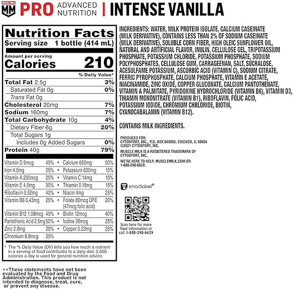 MUSCLE MILK PRO ADVANCED NUTRITION PROTEIN SHAKE, INTENSE VANILLA, 14 FL OZ BOTTLE, 12 PACK, 40G PROTEIN, 1G SUGAR, 16 VITAMINS & MINERALS, 6G FIBER, WORKOUT RECOVERY, PACKAGING MAY VARY