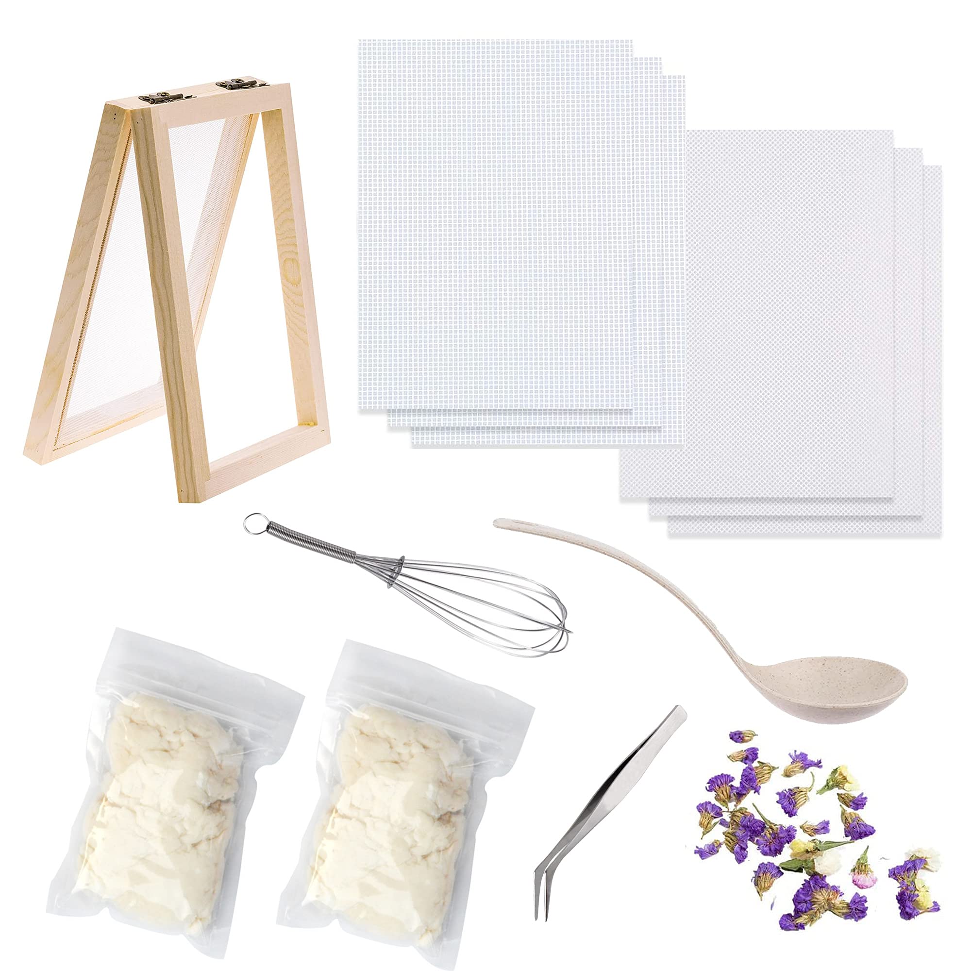 NA Cayway 8 Pack Dried Flower Paper Craft Set Include 5 x 7 Inch Wooden Paper Making Mold Frame, Dried Flowers, Replace Mesh Cloth
