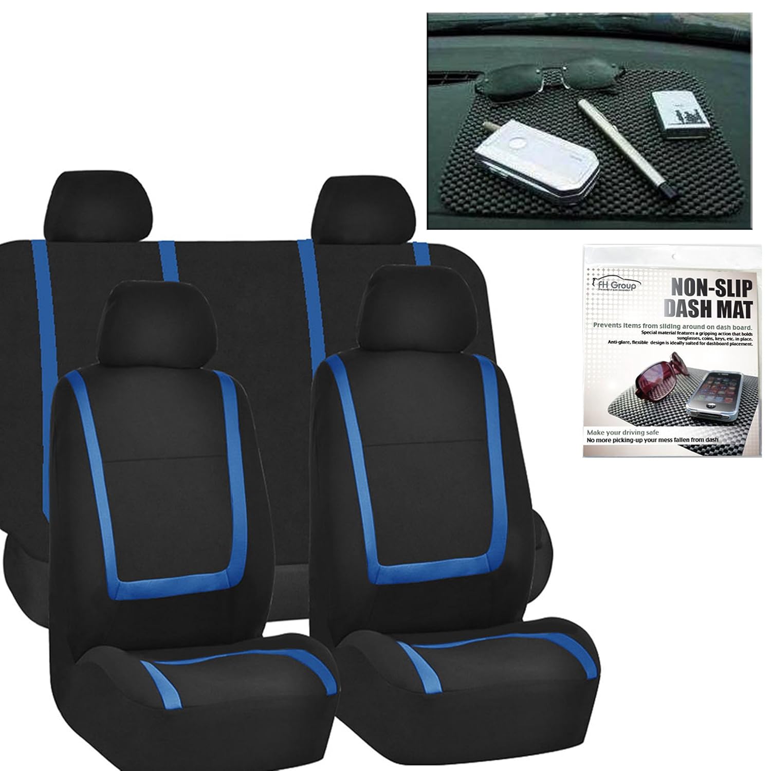 FH GROUP FH-FB032114 Unique Flat Cloth Car Seat Covers, Blue / Black with FH GROUP FH1002 Non-slip Black Dash Grip Pad Mat-Color- Fit Most Car, Truck, Suv, or Van