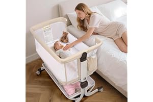 MOMFANN Baby Bassinet Bedside Sleeper, Upgraded Stability Bedside Crib with Full Mesh Sides, Soft Sheet, 6-Height Adjustment, Storage Basket, Easy Folding Portable Bassinet for Newborns, Beige