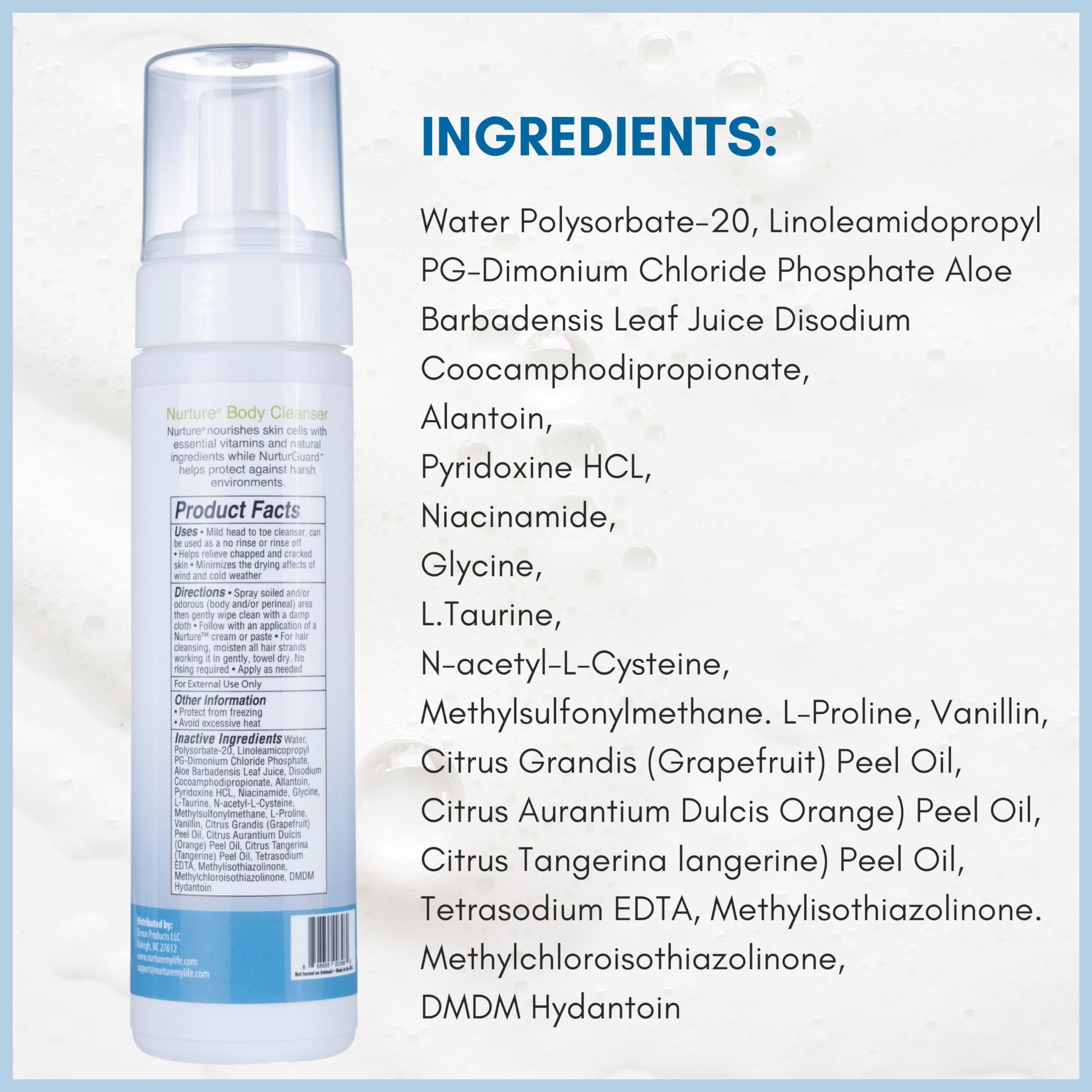 Nurture Rinse Free Waterless Foaming Cleanser | Women, Camping, Elderly & Hospital Care | Waterless Shower & Bath Wash w/Aloe for Sensitive Dry Skin