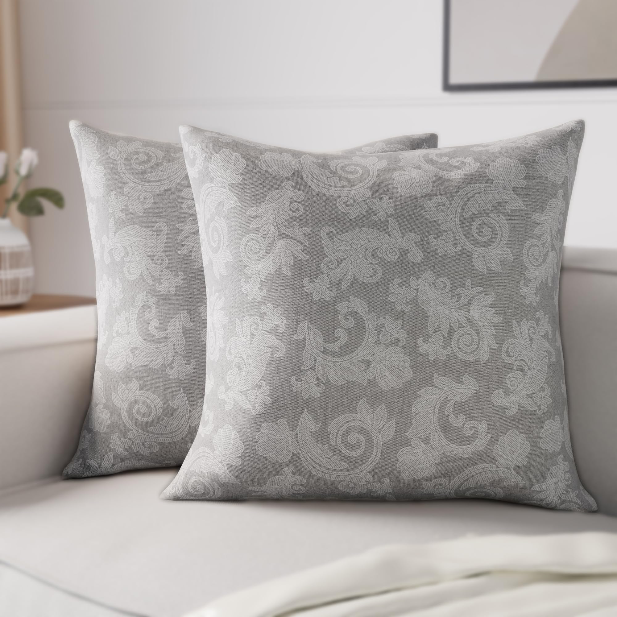 Encasa XO Chambray Cotton Floral Cushion Covers | Grey Set of 2 I 20"x20" (50x50 cm) I No Insert Covers Only I Decorative Floral Square Pillowcase I Machine Washable | Indoor Use Only