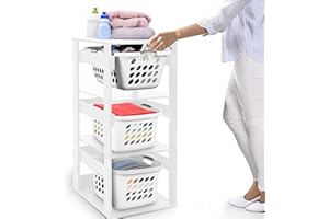 LEAPOAK Laundry Basket Holder Shelf – Stackable Engineered Wood Laundry Tower, Tiered Hamper Organizer for Bathroom, Bedroom, Closet (White, 3 Tier)
