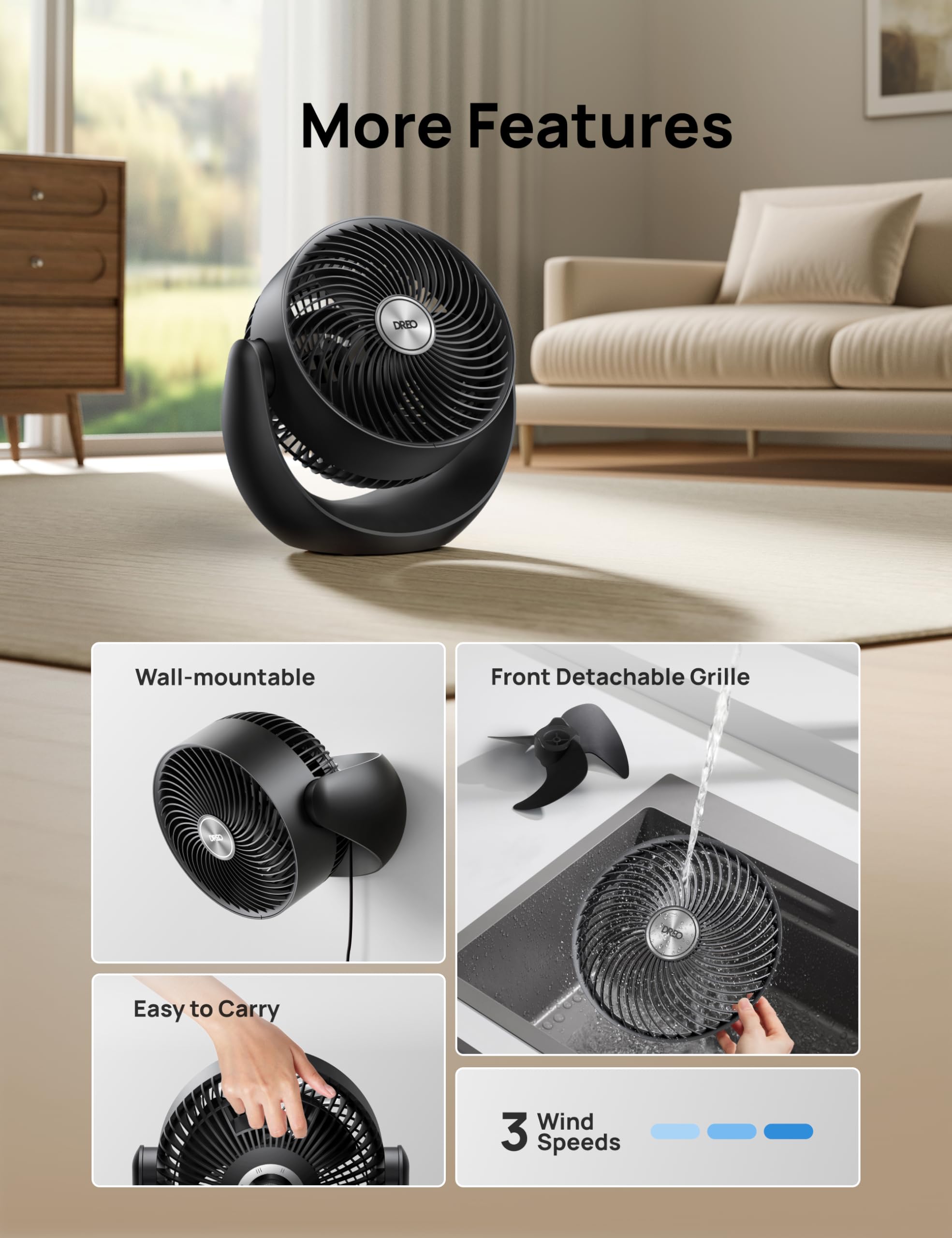 Dreo Fan for Bedroom, Floor fans for Whole Room, 40ft Strong Airflow, 120° Adjustable Tilt, 28db Low Noise, Quiet, 11 Inch, 3 Speeds, 2025 New Air Circulator for Office, Kitchen, Home