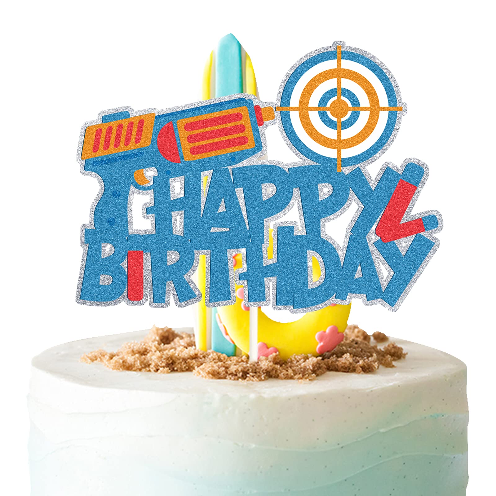 Photo 1 of 1 Pcs Glitter HAPPY BIRTHDAY Nerf Theme Cake Topper,Gun for Target Birthday Party Cake Decoration,Dart War Cake Topper Cake Picks for Boys