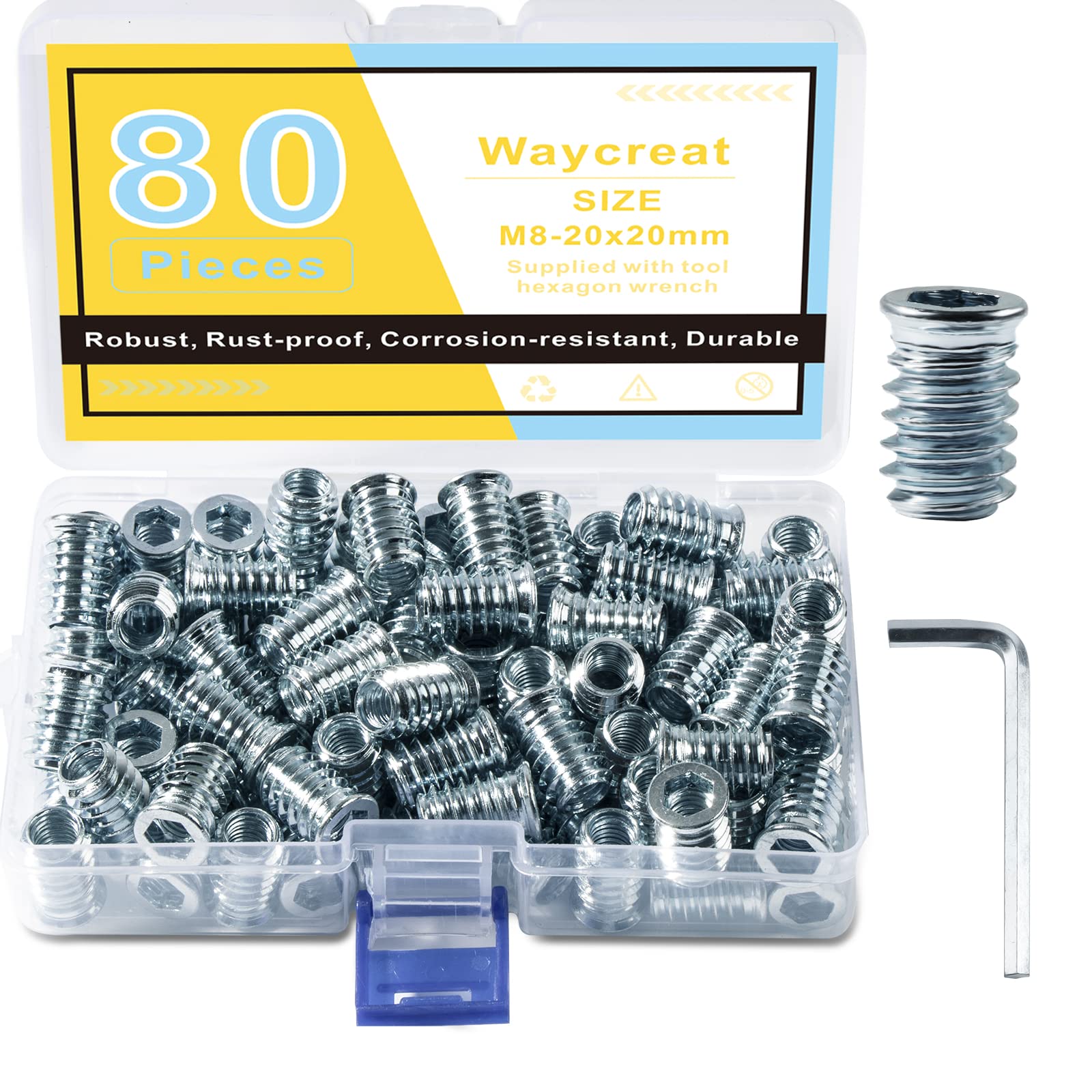 Waycreat 80pcs M8 x 20mm Silver Threaded Inserts Nuts for Wood, Hex Socket Drive Threaded Inserts Fastener Nuts