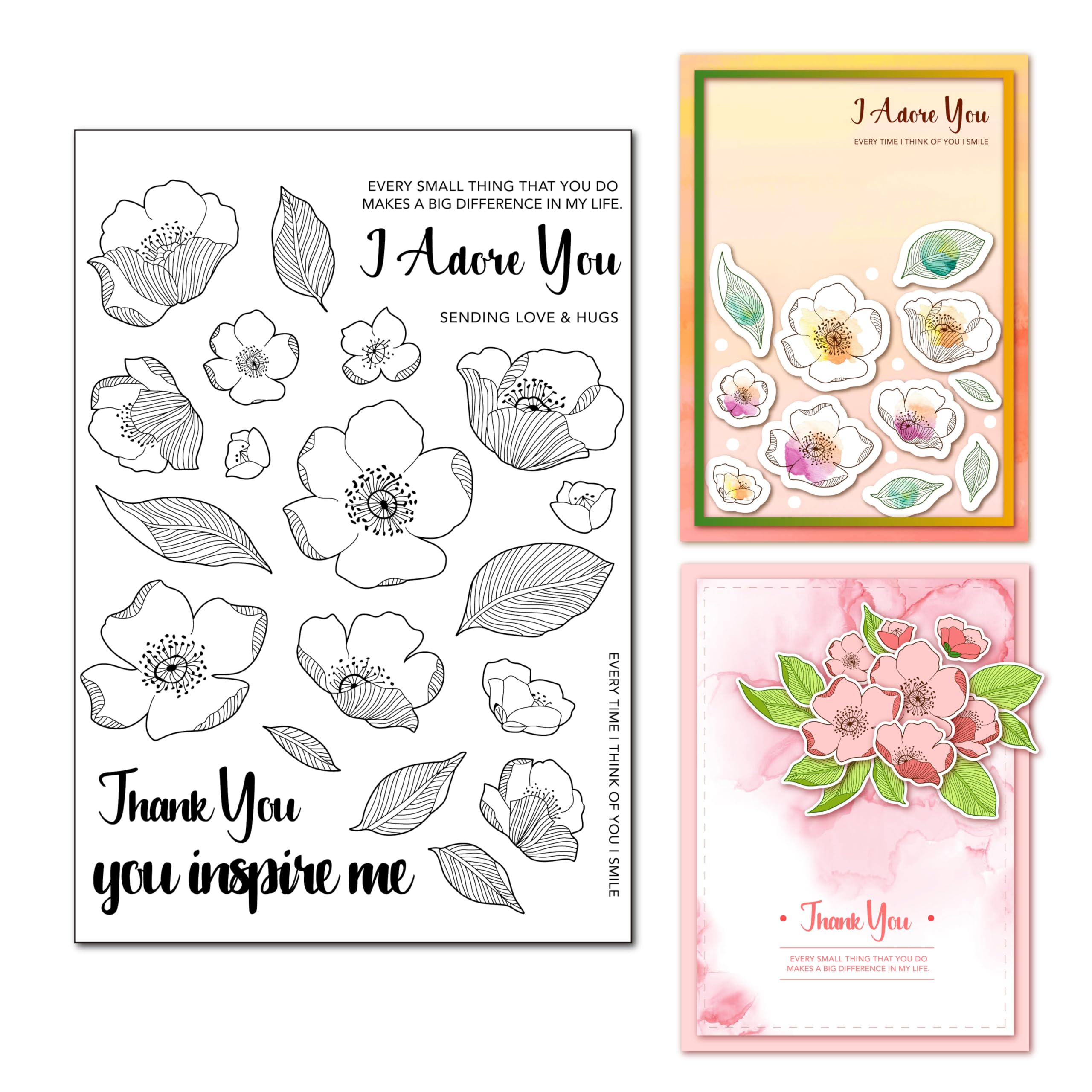 Arrietty DIY Flowers Leaves Thank You Adore You Inspire Me Phrase Sentiment Clear Stamp Seal Scrapbook for Card Making Clear Stamps