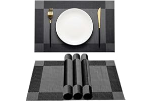 AHHFSMEI Placemats for Dining Table Set of 4 Woven Vinyl Plastic Place Mats Non-Slip Heat Insulation Stain Resistant Table Mats Washable Easy Clean Placemats (Black Corner 4)
