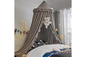 VETHIN Bed Canopy for Girls Kids,Princess Round Dome Children Dreamy Mosquito Net Bedding Girls Room Castle Play Tent Hanging House Decor Reading Nook Canopies (Grey)