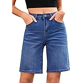LookbookStore Bermuda Shorts for Women High Waisted Classic Casual Long Jean Shorts Stretchy Denim Jorts with Pockets