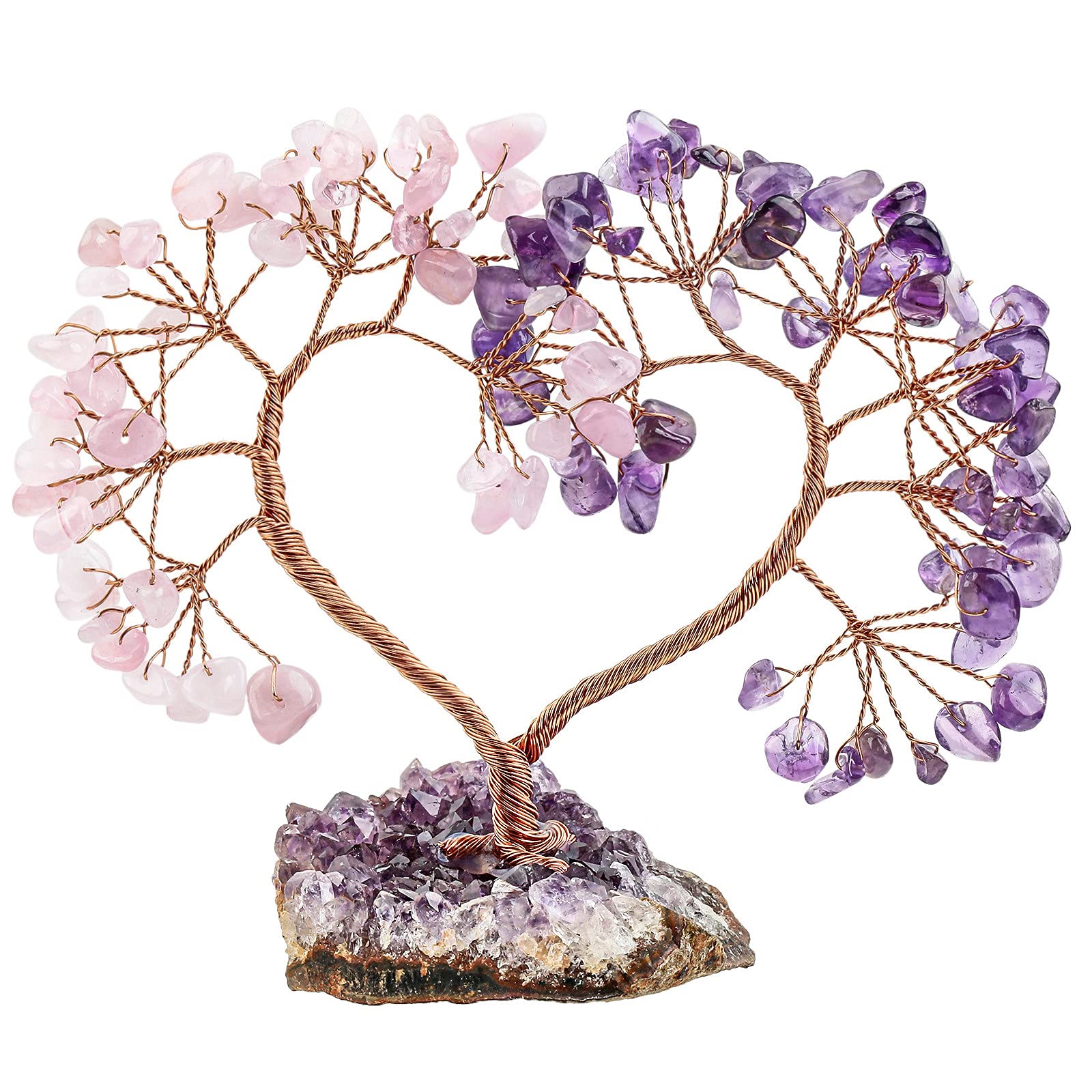 Nupuyai Amethyst & Rose Quartz Crystal Tree with Amethyst Cluster Base, Love Heart Money Tree Figurines Fengshui Ornament for Home Office Wedding Decoration