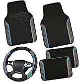 CAR PASS Leather Steering Wheel Cover and Waterproof Car Floor Mats,Microfiber Universal Car Combo Fit for 95% Sedan,SUV,Cars,14.5-15inch Sporty Anti-Slip Safety Comfortable Design(Black＆Reflective)