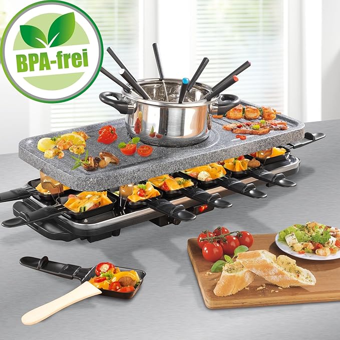 Raclette und Fondue Party-Grill Elektro Set für 4-6-8-12 Personen | Neue Version 2017 | Heisser Granit-Stein in der Mitte für