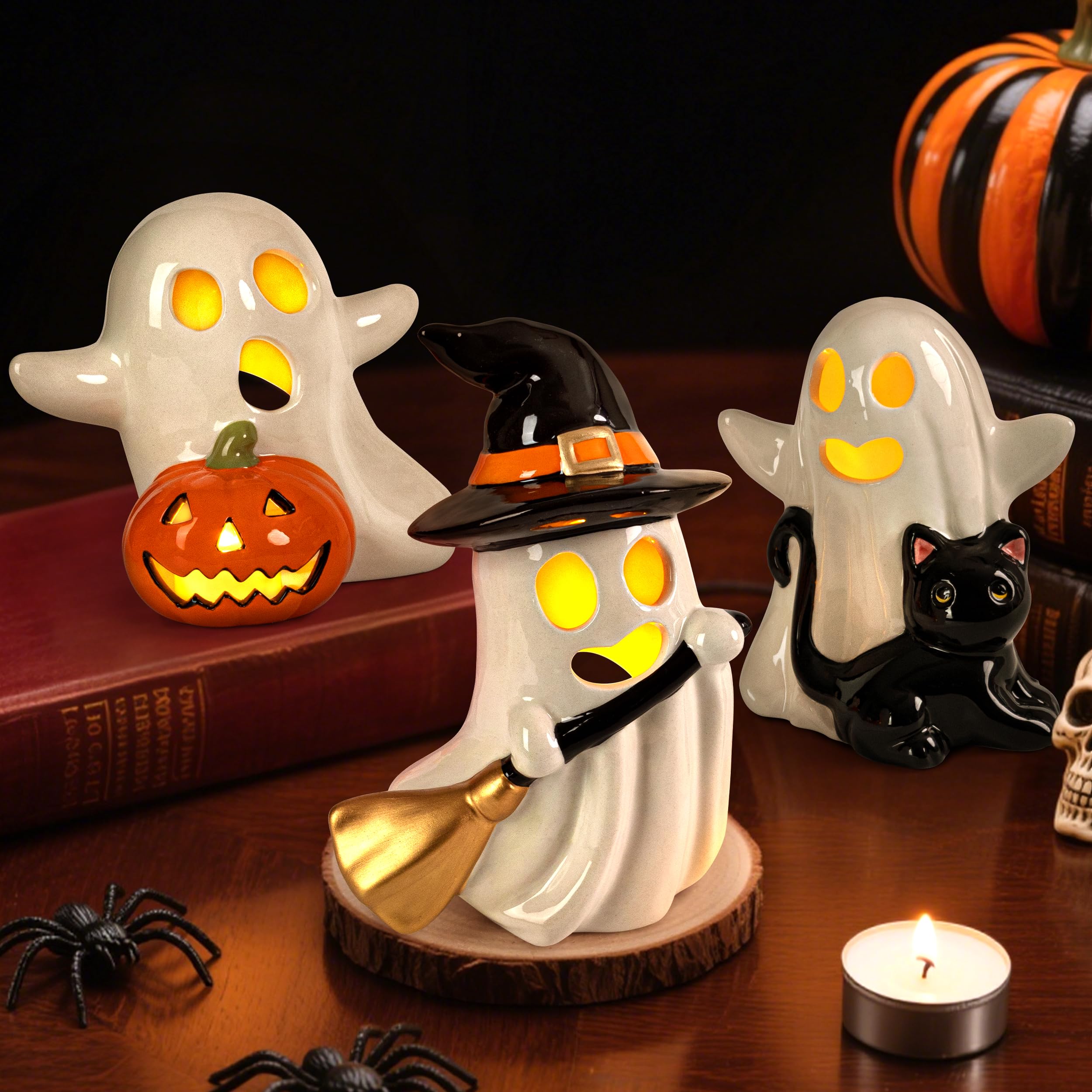 Photo 1 of AELS Ceramic Happy Ghost Tealight Holders with 3 Tea Lights, Spooky Candle Holder Set of 3, Tabletop Indoor Halloween Decorations for Holiday Party Home, Spooky Sculptures Ghost Figurines, Smoke White