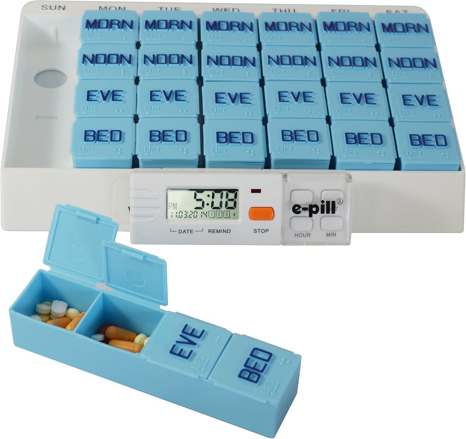 e-Pill Large Weekly Pill Organizer for The Home - with Reminder - 7 Day x 4 Compartments per Day: Health & Personal Care