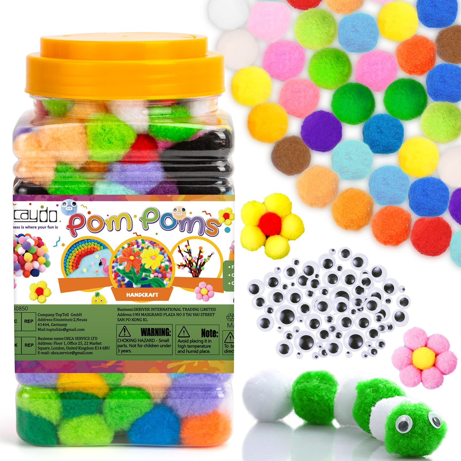 Caydo [400 pcs] - 300 Pieces 1 Inch Assorted Pompoms with 100pieces Wiggle Eyes Multicolor Arts and Crafts Pom Poms Balls for Kids DIY Art Creative Crafts Decorations