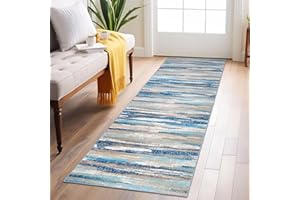 Lansny Abstract Runner Rug 2x6, Blue Washable Hallway Runner Rug Non-Slip, Soft Printed Kitchen Runner, Thin Faux Wool Runners for Hallways, Modern Floor Carpet for Entryway Bedroom Hall Indoor