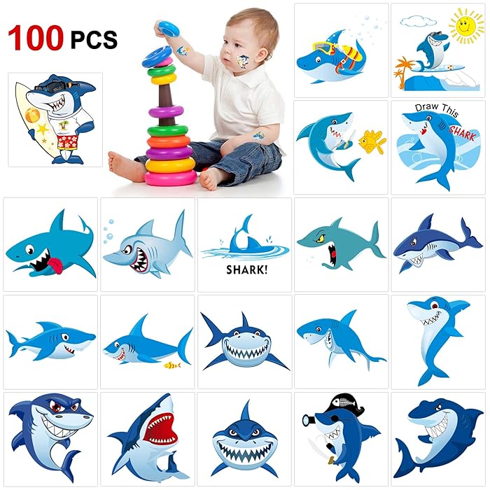 Shark Temporary Tattoos(100pcs),Konsait Shark Tattoo Body Stickers Costume Accessories for Ocean Sea Shark Themed Baby Shower Birthday Party Favor Supplies Decor for Boy Girls Kids Party Bag Filler