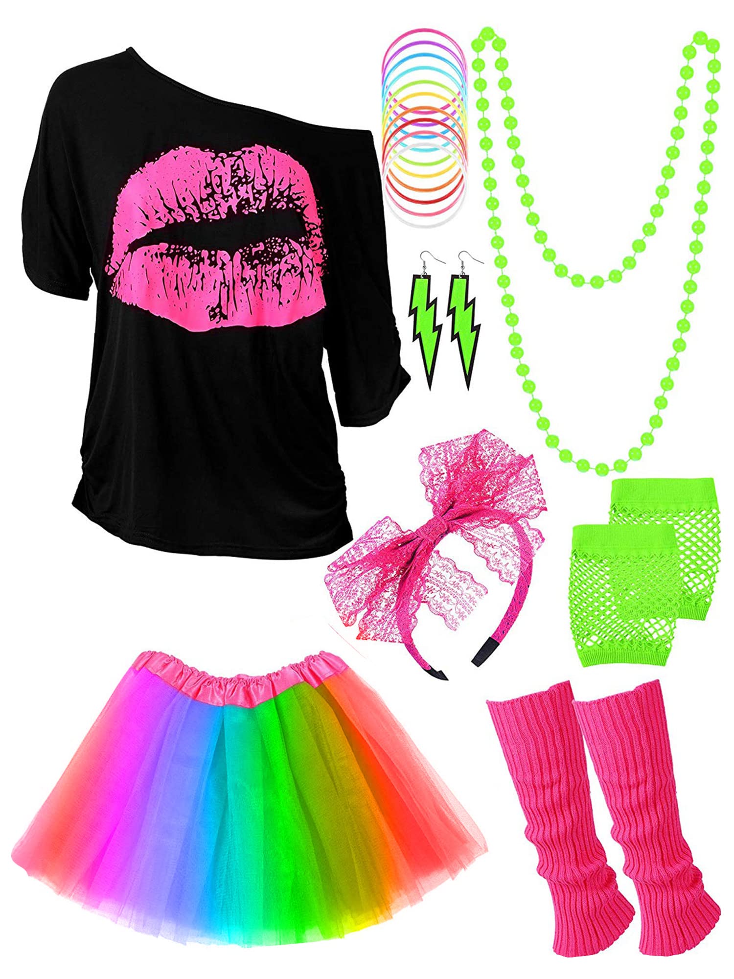 Women's 80s Costume Accessories Set, Lips Print T-Shirt Adult Tutu Skirt Lace Headband Neon Earrings Necklace Leg Warmers Fishnet Gloves Bracelet (L, Rainbow)