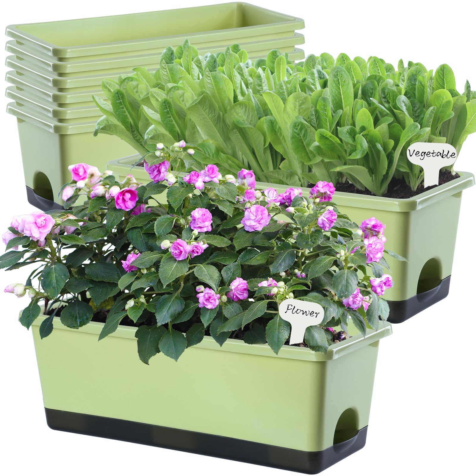 Photo 1 of Oliz Window Box Planter 8 Pcs, 17 Inches Rectangle Flower Pots with Drainage Holes and Trays, Vegetable Planters for Windowsill Patio Garden Balcony Home Porch Yard Indoor Outdoor (Light Green)