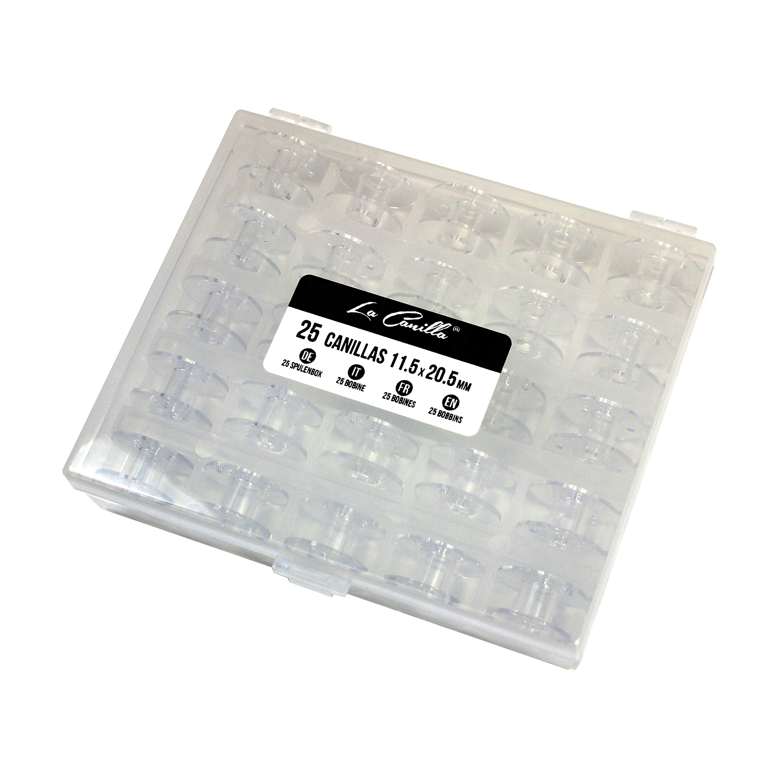 La Canilla - Box of 25 Transparent Bobbins for Sewing Machines Alpha, Singer, Brother, Juki, Elna...