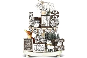 FUNNYMOOM 17 Pcs Winter Tiered Tray Decor Winter Snowman Tiered Decorations Set Snowflake Reindeer Table Centerpieces Decor Wooden Signs Table Decoration Without Tray for Farmhouse Party