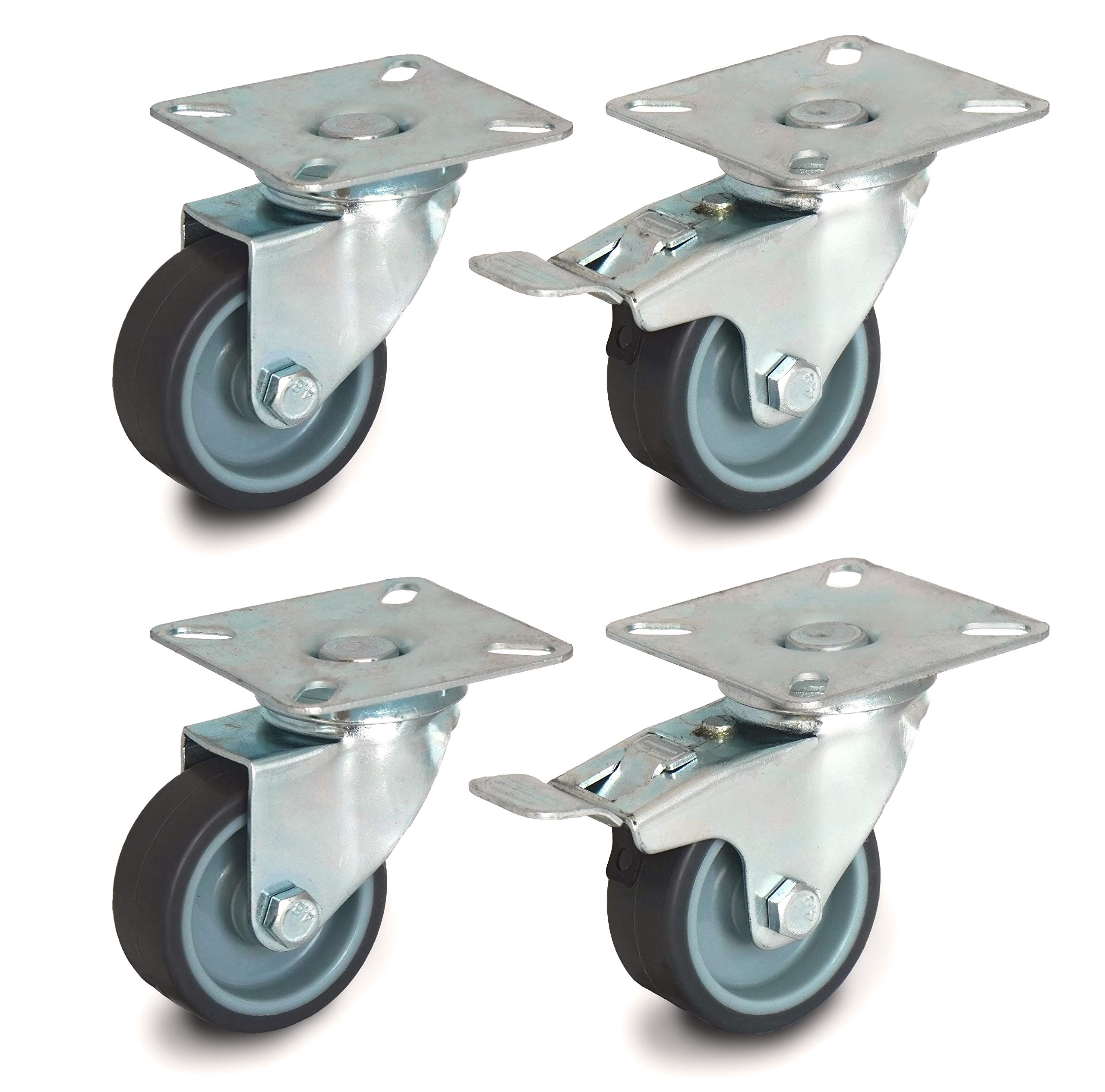 50mm Set of 4 Swivel Castors with Plate Fitting (TPR Rubber, 2 Braked / 2 Swivel, model no 6020/30050CK-x2+2)