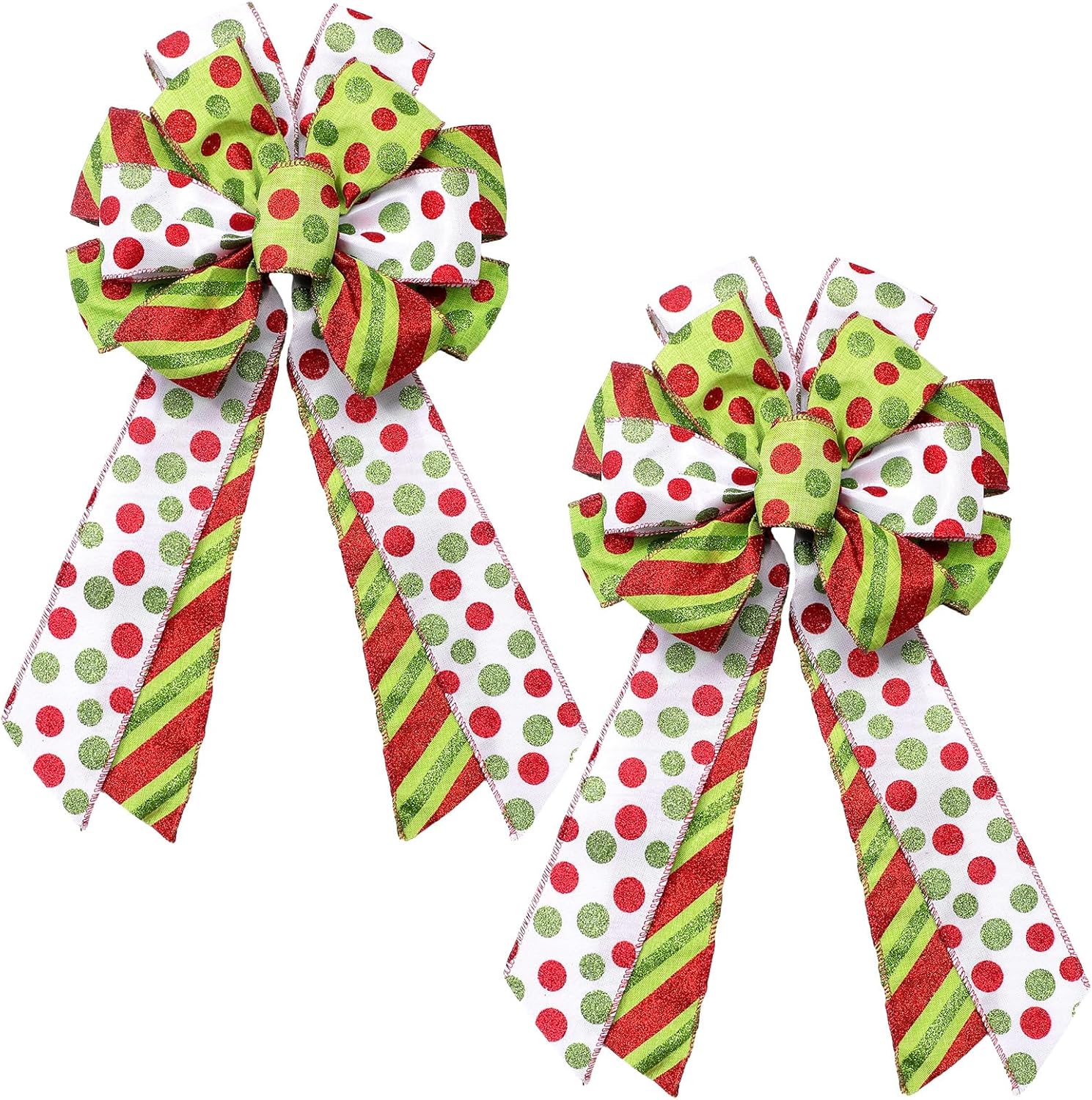 Bows & Ribbons - Crowye 2 Pcs Large Christmas Wreath Bows 10 x 18 Inch Christmas Tree Topper Bow White Red Green Polka Dot Christmas Tree Ribbon Topper for Xmas Outdoor Home Garden Wedding Party Ornament Decorations