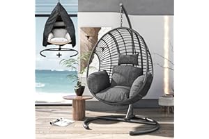 CHINNLUU Egg Swing Chair with Stand up to 400lbs, Oversized Outdoor Hanging Egg Chair with Extra Large Round Base, All Weather Wicker, Rain Cover, Waterproof Cushion, UV Resistant