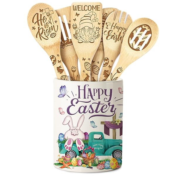 HEXAGRAM 6PC EASTER BAMBOO SPOONS CERAMIC UTENSIL HOLDER...