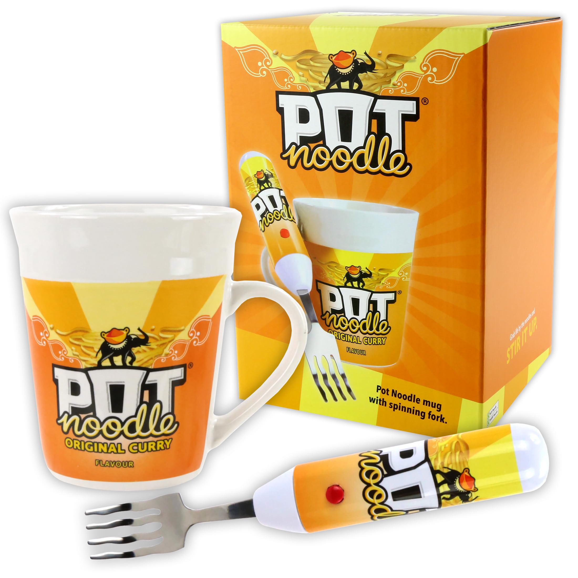 Kimm & Miller Pot Noodle Gift Set with Spinning Fork & Mug - Funny Novelty Gifts for Men, Women, Teens & Students - Original Curry Design
