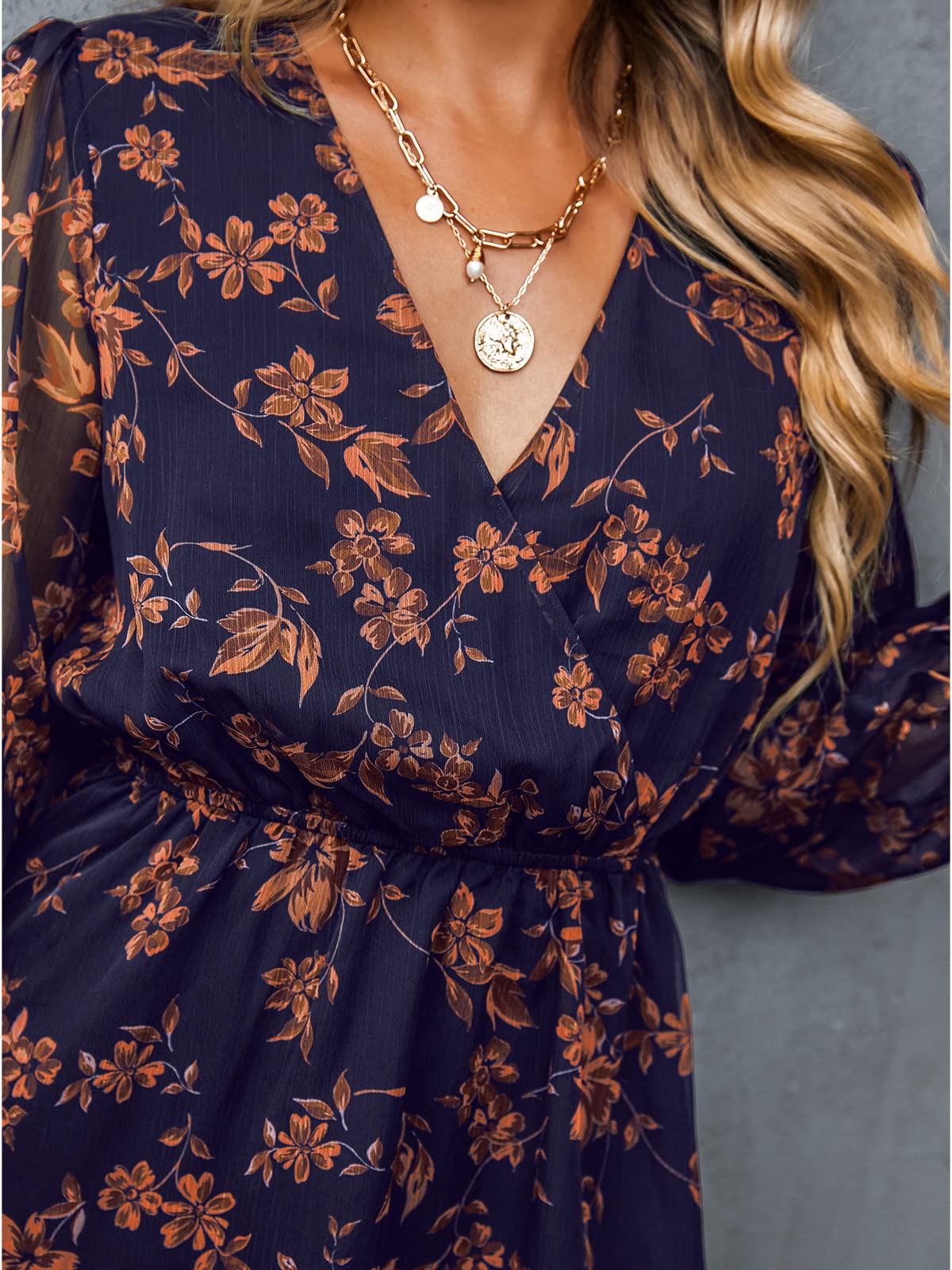 CUPSHE Women's Mini Dresses Casual Spring V Neck Chiffon Long Peasant Sleeves Flowy Autumn Dress