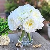 ENOVA HOME Peony and Hydrangea Mixed Artificial Flower Arrangement with Clear Glass Vase for Home Wedding Decoration (Cream)