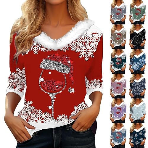 Christmas Sweatshirts for Women UK Long Sleeves Xmas Tops Furry V Neck Christmas Jumpers for Women Fashion Slim Fit Pullover Tops Snowflake Wine Glasses Graphic Print Cute T Shirts
